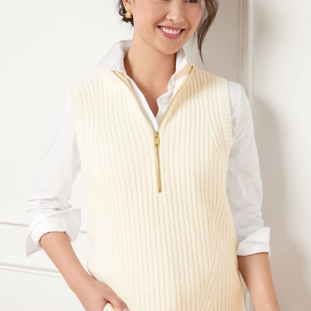 Talbots NWOT Ivory Ribbed Half-zip Sweater Vest Size Large Petite